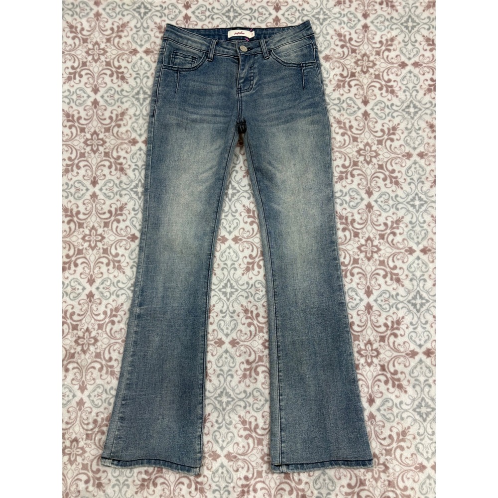 Popchee Womens XS Heart Embroidered Bootcut Jeans Medium Wash Denim Y2K Style